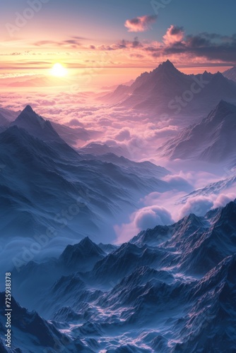 Realistic banner of a mountaintop view at sunrise, with surreal, floating clouds and a dream-like, glowing horizon. © EOL STUDIOS
