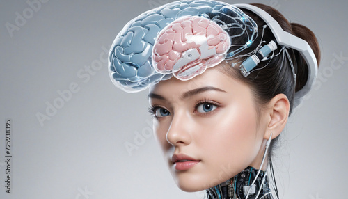 abstract artificial intelligence picture - portrait of woman with futuristic brain structure