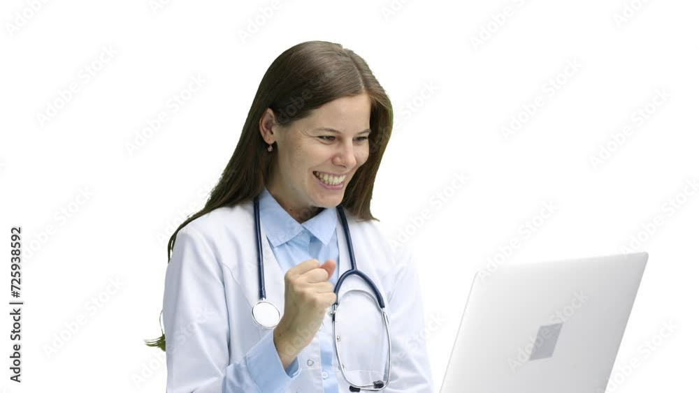 Female doctor, close-up, on a white background, with a laptop Female doctor, close-up, on a white background, with a laptop