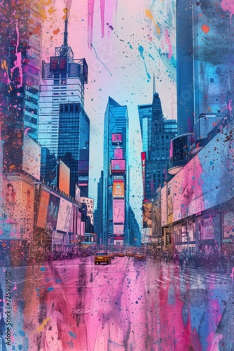 Urban cityscape banner, blending hand-drawn sketches of iconic buildings with vibrant, abstract color splashes representing the city's energy.