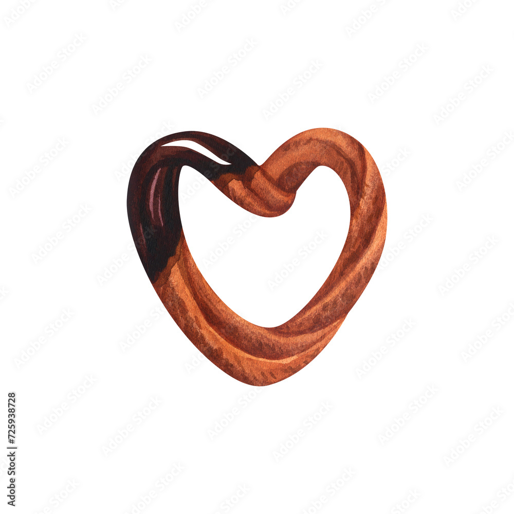 Churros hearts fried sweet biscuit dipped in chocolate sauce. Watercolor hand-drawn illustration isolated on white background. Desserts in Spanish or Mexican cuisine Churros hearts fried sweet biscuit dipped in chocolate sauce. Watercolor hand-drawn illustration isolated on white background. Desserts in Spanish or Mexican cuisine