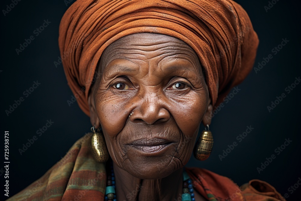 elderly african woman posing very serious looking at camera