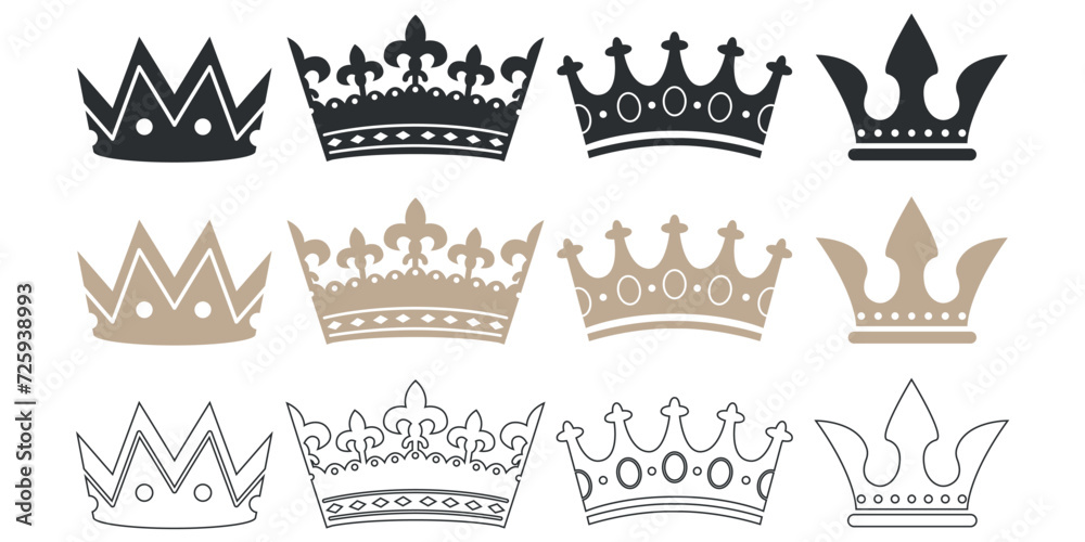 Doodle crowns. Line art king or queen crown sketch, fellow crowned ...