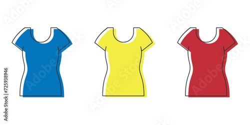 Women's short sleeve t-shirt. Blue, yellow and white variants. Fully editable handmade mesh. Vector illustration.