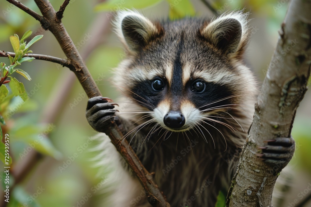 Fototapeta premium A juvenile raccoon peeks from behind a tree branch on a mountain trail. Generative AI.
