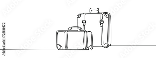 One continuous line drawing of old retro vintage leather suitcases stack. Classic travelling item concept single line draw graphic design vector illustration