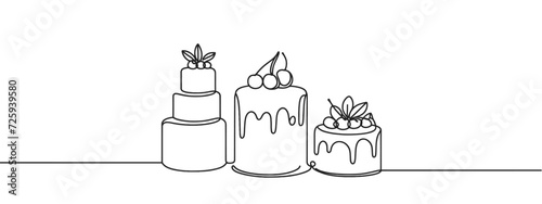 Sweet cup cakes illustration. Continuous one line drawing
