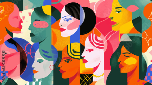 diversity of cultures women faces profile view in cubism style, colorful illustration group, drag queen art, pride