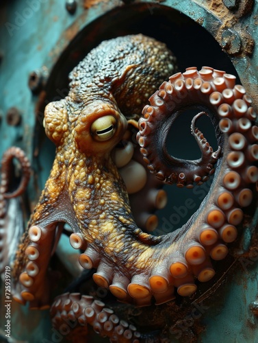 An octopus tentacle emerges from a deep-sea blue metallic surface. Generative AI.