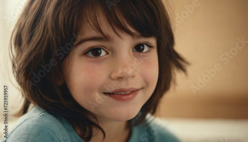 Young Brunette Girl with Playful Smile and Bob-Cut Hair, Freckles and Amber Eyes, Soft Light Headshot