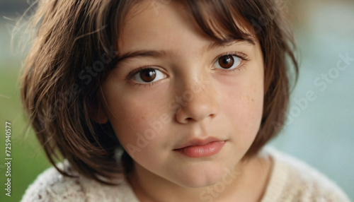 Young Brunette Girl with Playful Smile and Amber Eyes, Freckles and Bob-Cut Hair, Soft Light Headshot
