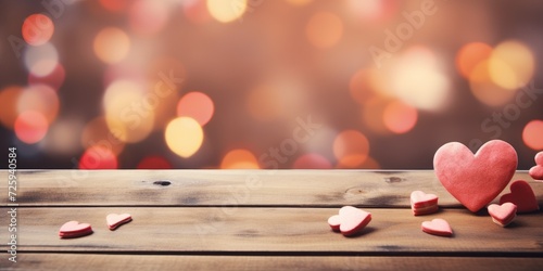Small hearts on a wooden background, space for text. Valentine's day theme