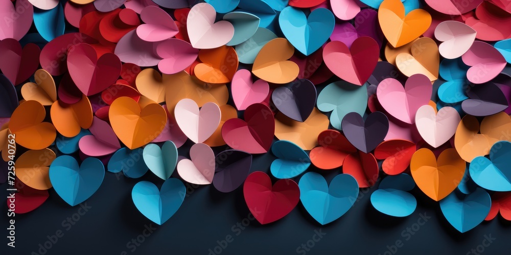 Many multi-colored paper hearts, top view. Valentine's day theme. Generative AI