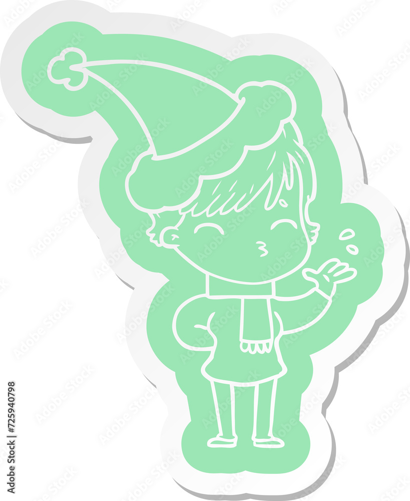 cartoon  sticker of a woman thinking wearing santa hat