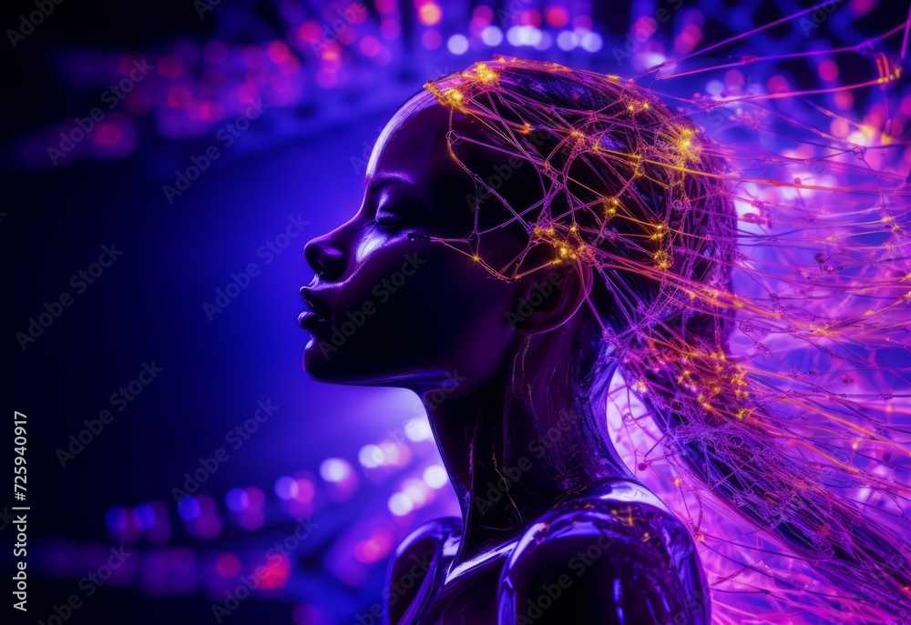 Futuristic Female Profile with Neon Network Fibers Futuristic Female Profile with Neon Network Fibers