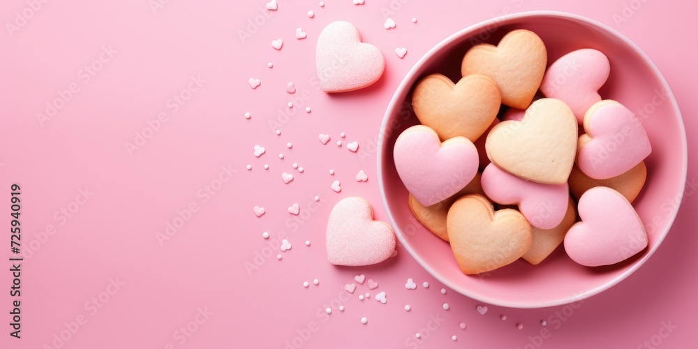 Heart-shaped cookies with icing on a pink background, top view. Generative AI