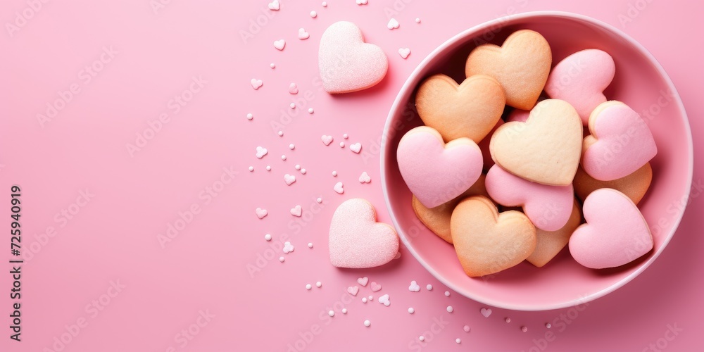 Heart-shaped cookies with icing on a pink background, top view. Generative AI Heart-shaped cookies with icing on a pink background, top view. Generative AI