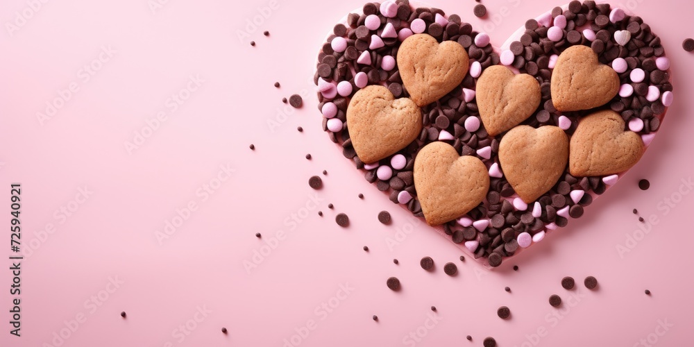 Chocolate cookies in the shape of a heart with icing on a pink background, top view. Generative AI Chocolate cookies in the shape of a heart with icing on a pink background, top view. Generative AI