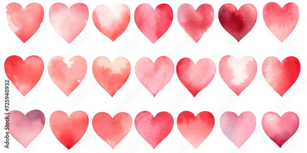 pattern with red and white hearts, many different hearts on a white background, painted with paints