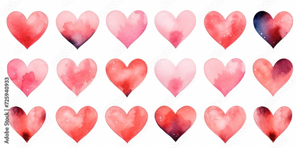 Set of different watercolor hearts on a white background, top view. Generative AI