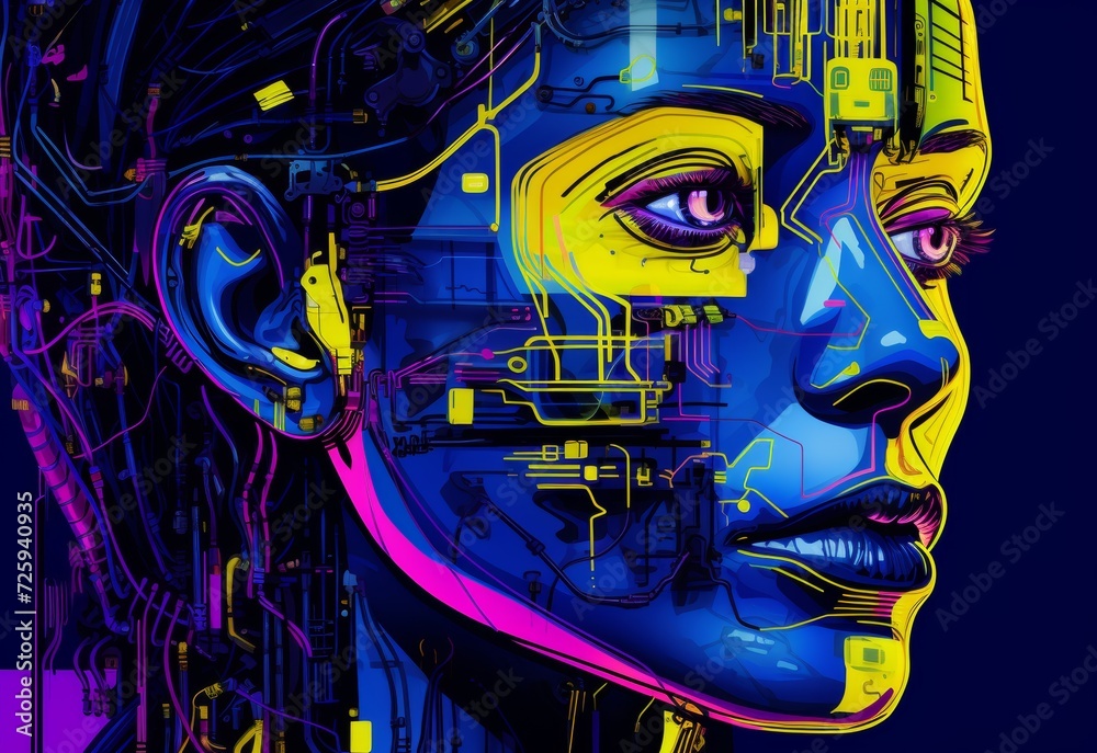 A vivid portrait of a cybernetic face, highlighting the fusion of human visage and complex integrated circuits in electric blue and bright yellow