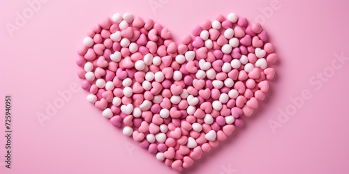 Heart-shaped cookies with icing on a pink background, top view. Generative AI