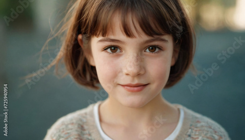 Playful Young Brunette Girl with Bobbed Hair and Amber Eyes, Freckles, Soft Light, Head & Shoulders Portrait