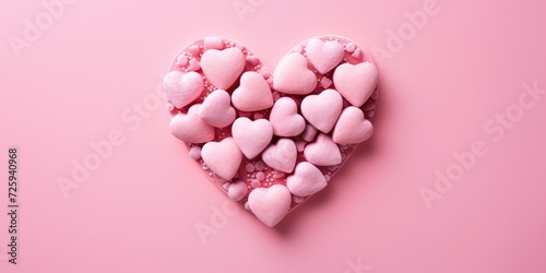 Heart-shaped cookies with icing on a pink background, top view. Generative AI