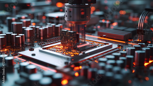 A computer chip being manufactured in a factory. Microchips are made by building up layers of interconnected patterns on a silicon wafer.