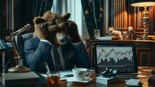 A stressed bear in a suit sits holding his head at a table in a room. Viewing stock charts on a tablet  stock charts  graphs  cool  luxury  rich  3D cartoon.