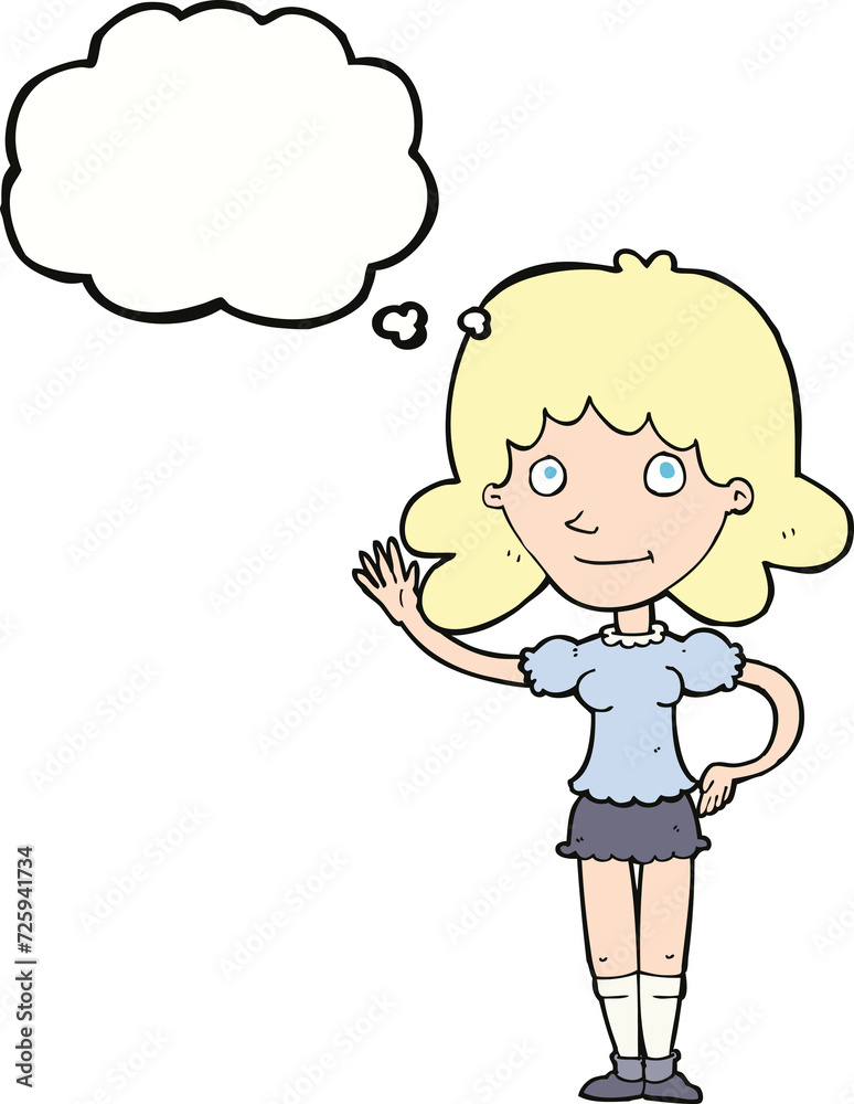cartoon woman waving with thought bubble cartoon woman waving with thought bubble