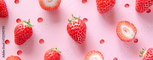 Summer fruit background in pastel pink and peach color. Sunny strawberries pattern. © lagano
