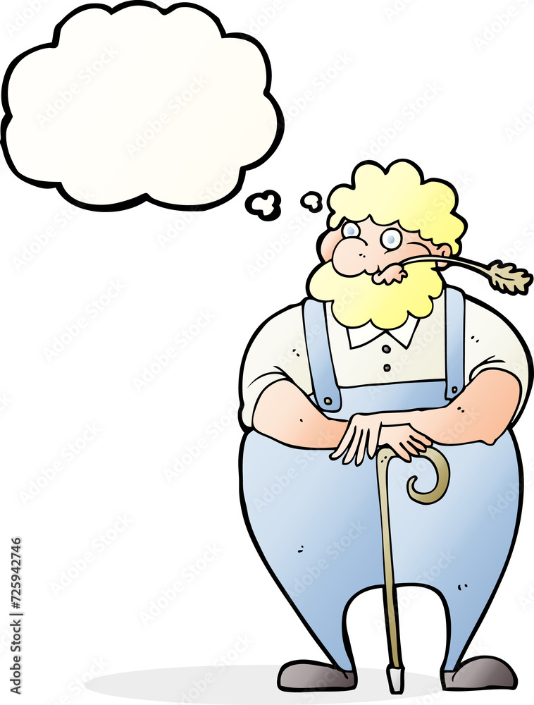 Obraz premium cartoon farmer leaning on walking stick with thought bubble