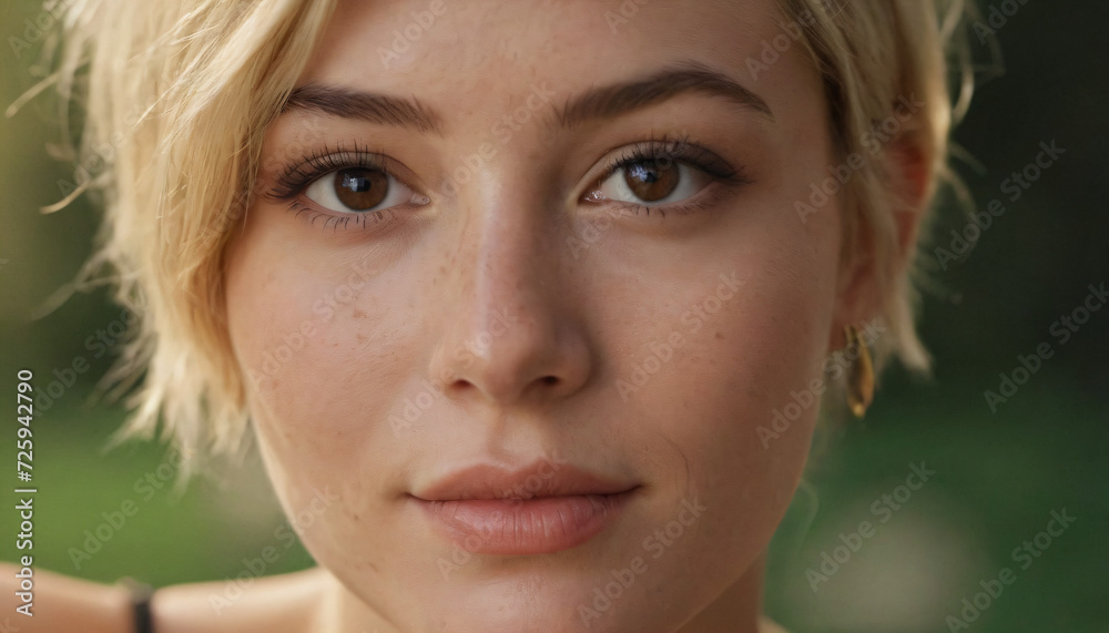 Young Blonde Woman with Freckles and Short Pixie Cut Smiling Intensely into Camera - Creative Makeup Look: Green Eyes Young Blonde Woman with Freckles and Short Pixie Cut Smiling Intensely into Camera - Creative Makeup Look: Green Eyes