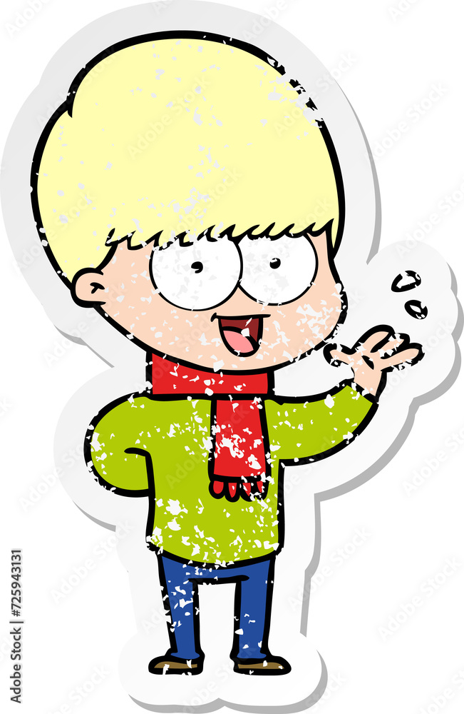 distressed sticker of a happy cartoon boy waving distressed sticker of a happy cartoon boy waving