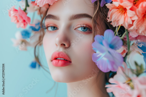 Fashion model woman face with fantasy art make-up. Bold makeup, glance Fashion art portrait, incorporating colors. Advertising design for cosmetics, beauty salon. content.
