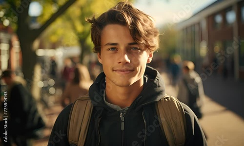 A smiling young man with wavy hair and a backpack on an autumn street. photo