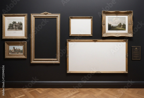 A vintage art fair gallery frame on a royal black wall during a museum or auction house display. A blank template with white copyspace for a mockup design. 