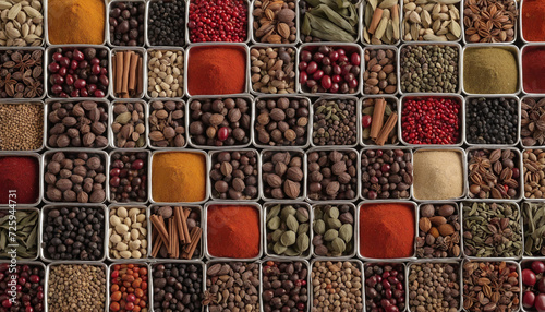 Beautiful Vast array of different spices, photojournalism, aerial top view, closeup depth of field, chroma, studio lighting, food photography.