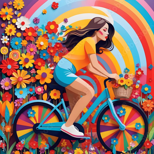 There is something truly captivating about seeing a woman riding a bike adorned with vibrant flowers, as if nature itself has become an integral part of her journey. The colors on the bike are bold an