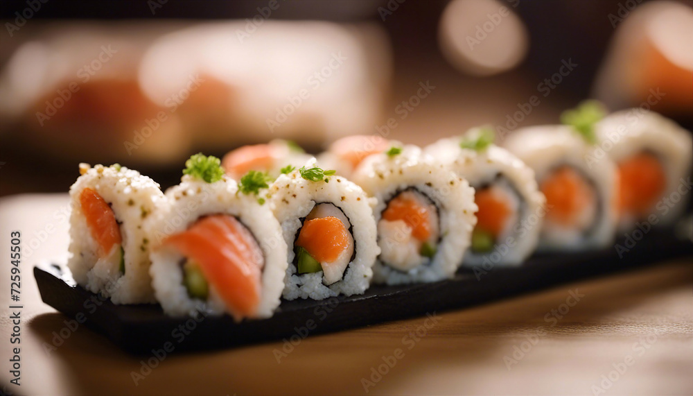 Sushi. Set of sushi on a wooden surface. Japanese food. Seafood. Selective focus. AI generated Sushi. Set of sushi on a wooden surface. Japanese food. Seafood. Selective focus. AI generated