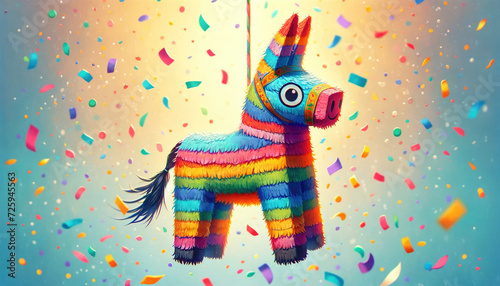 Colorful donkey pinata surrounded by bright confetti.Cinco de Mayo.Fiesta banner and poster design. photo