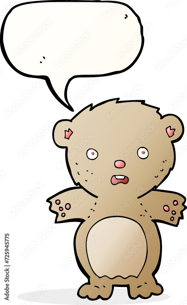 frightened teddy bear cartoon with speech bubble