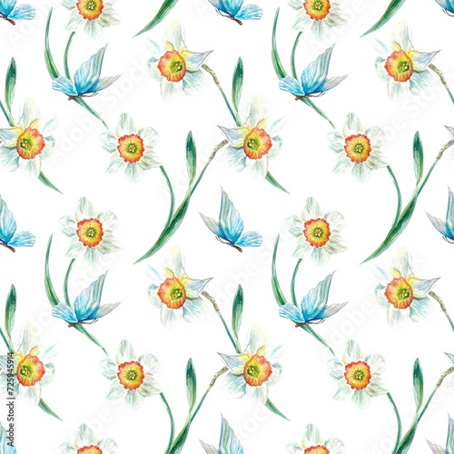 Daffodils and butterfly pattern  watercolor. Illustration isolated on white background. Cards  invitations  wrapping paper  textiles  wallpaper.