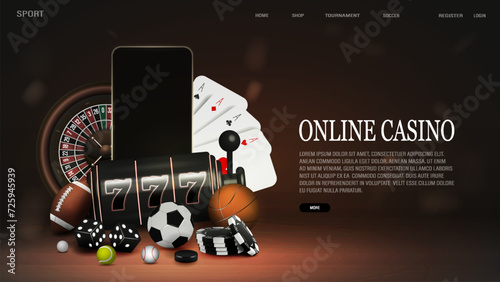A web banner with balls, basketball, football, baseball, tennis with a smartphone, a vending machine, cards, chips and dice. A concept for casinos and sports betting.