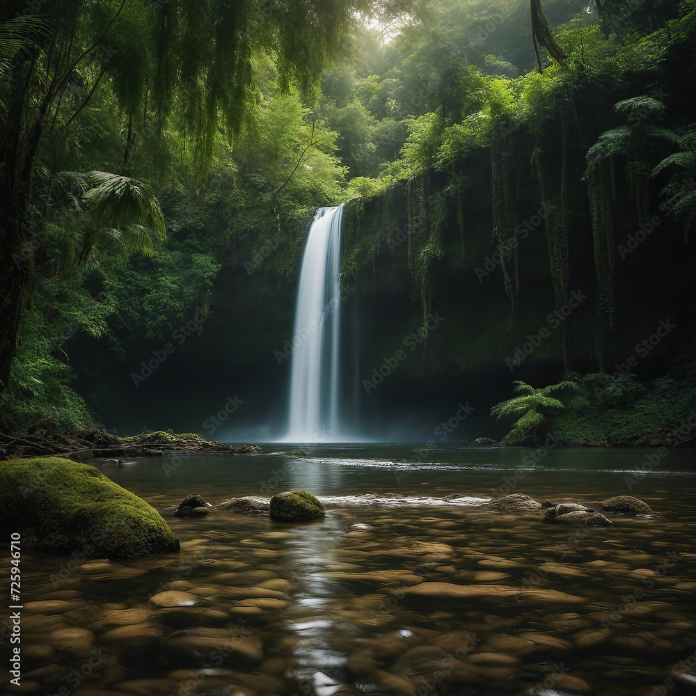 Obraz premium waterfall in the equatorial rain forest with soft light