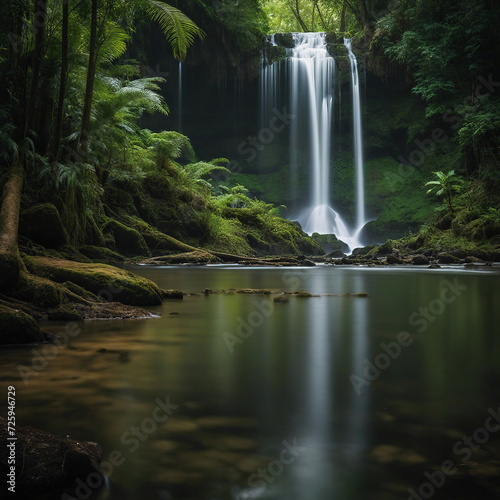 waterfall in the equatorial rain forest with soft light