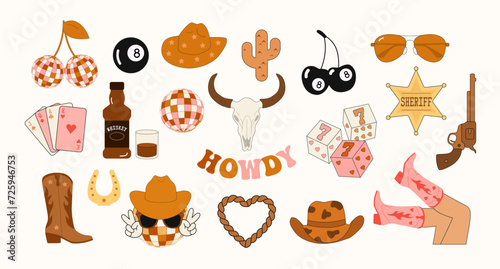 Cowboy. Groovy cowboy icons set. Flat vector illustration photo