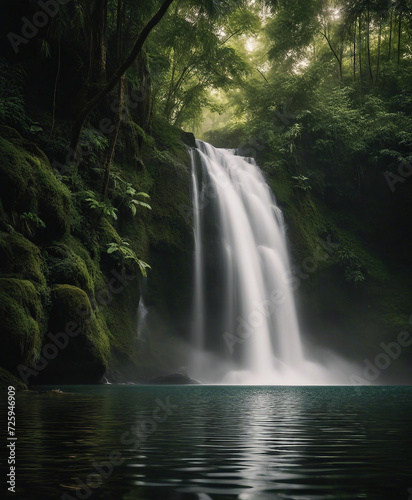 waterfall in the equatorial rain forest with soft light