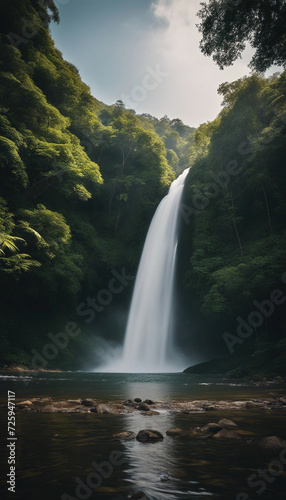 waterfall in the equatorial rain forest with soft light